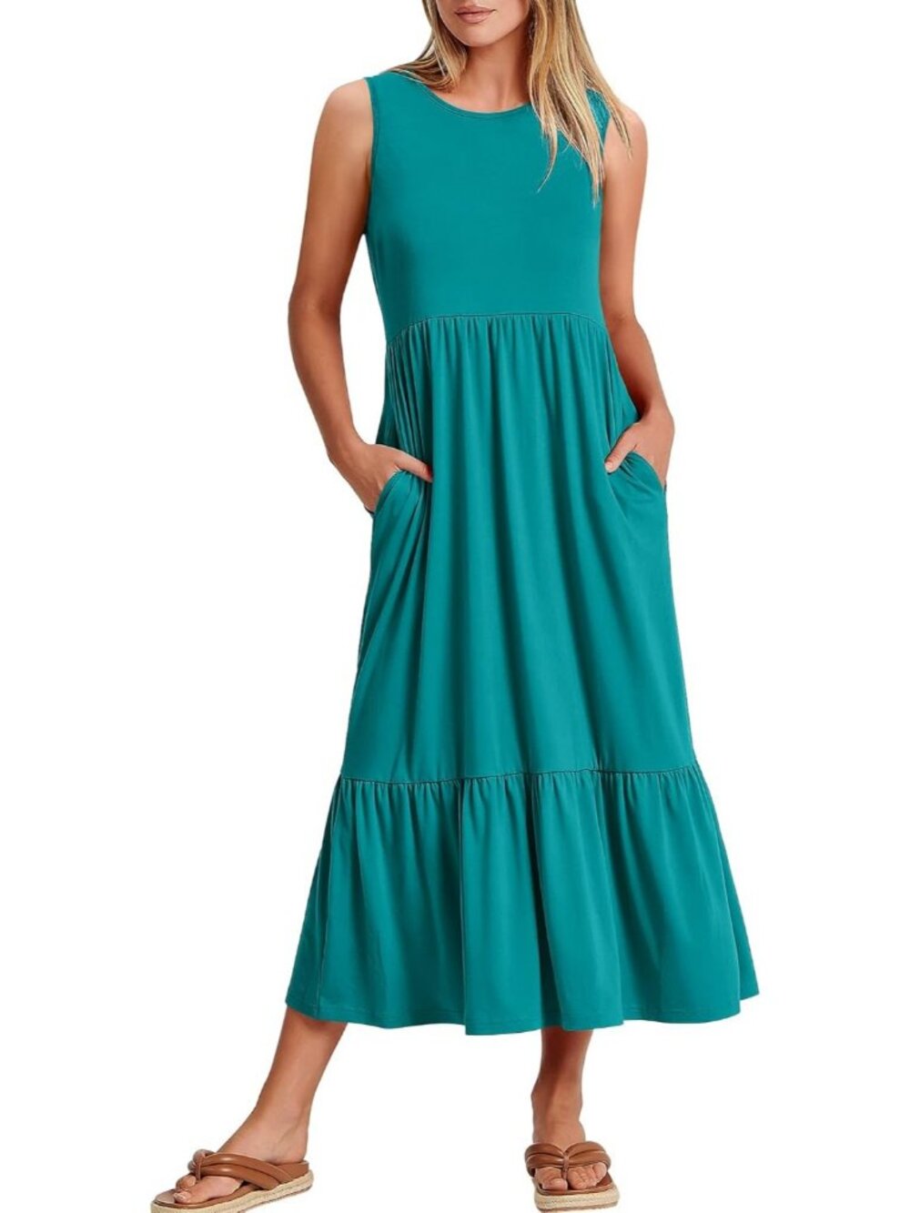 Women's Lake Crewneck Summer Sleeveless Sundress Aline Flowy Tiered Long Maxi